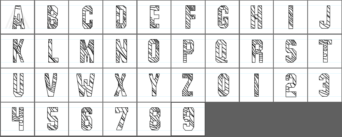 Zelf ontworpen alfabet met diagonale lijnen in elke letter