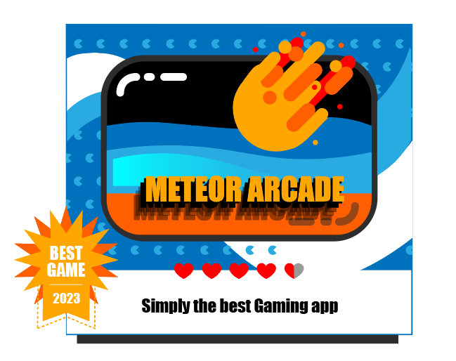 Logo van Meteor Arcade met een vurige meteoor en een Best Game badge