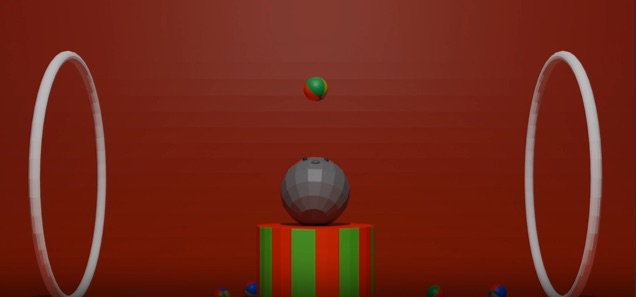 Render in 3D van een circusscène met ringen en een zilveren bol