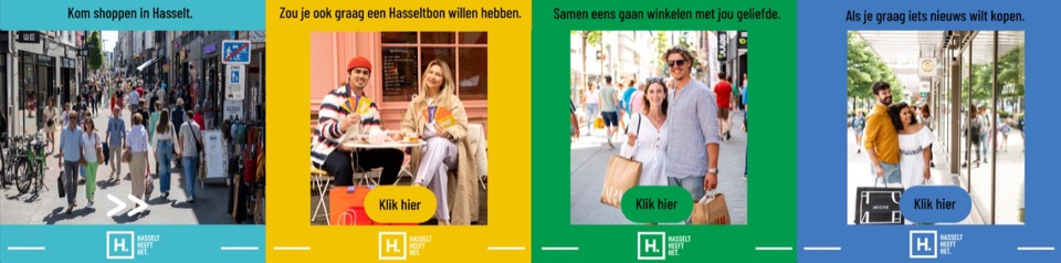 Vier advertenties voor social media in verschillende kleuren over winkelen in Hasselt