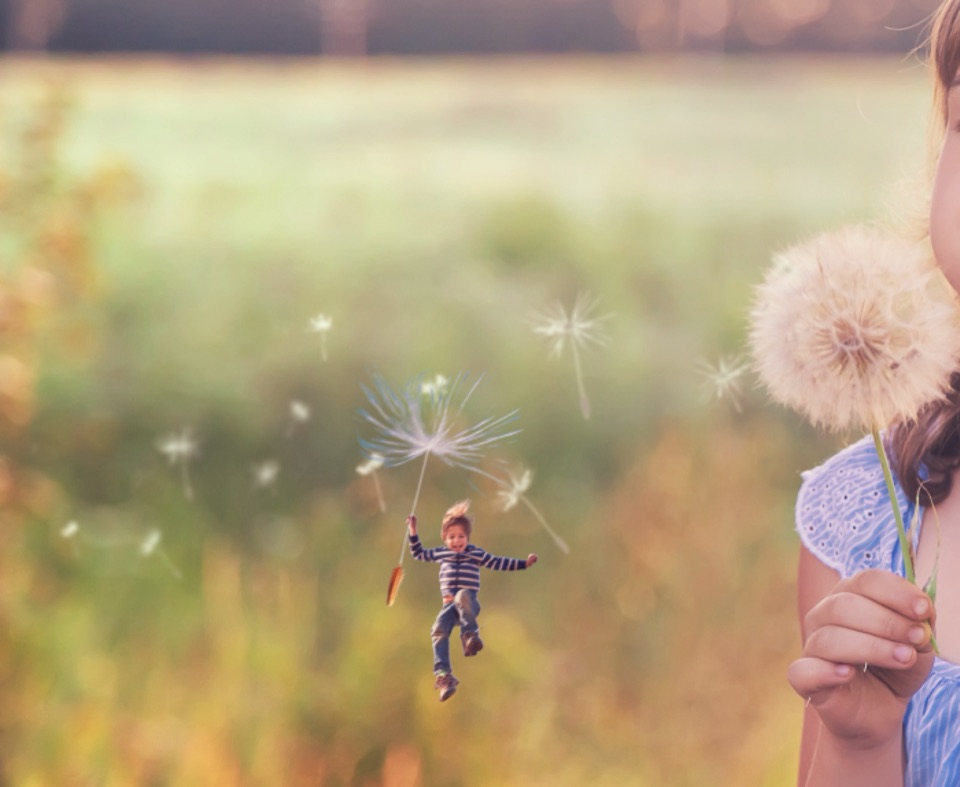 Fotomanipulatie: een klein figuurtje hangt aan een pluisje van een paardenbloem