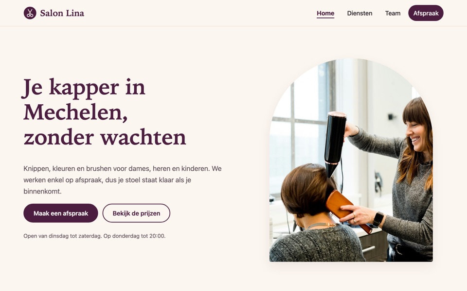 Voorbeeldsite Salon Lina: homepage