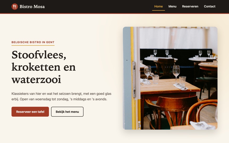 Voorbeeldsite Bistro Mosa: homepage