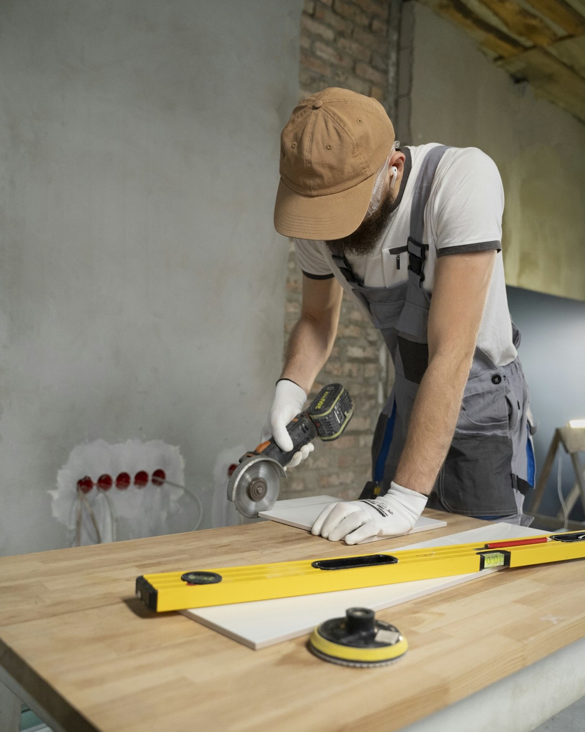 Vakman in werkoverall snijdt een wandtegel op maat met een slijpschijf, in een woning in renovatie